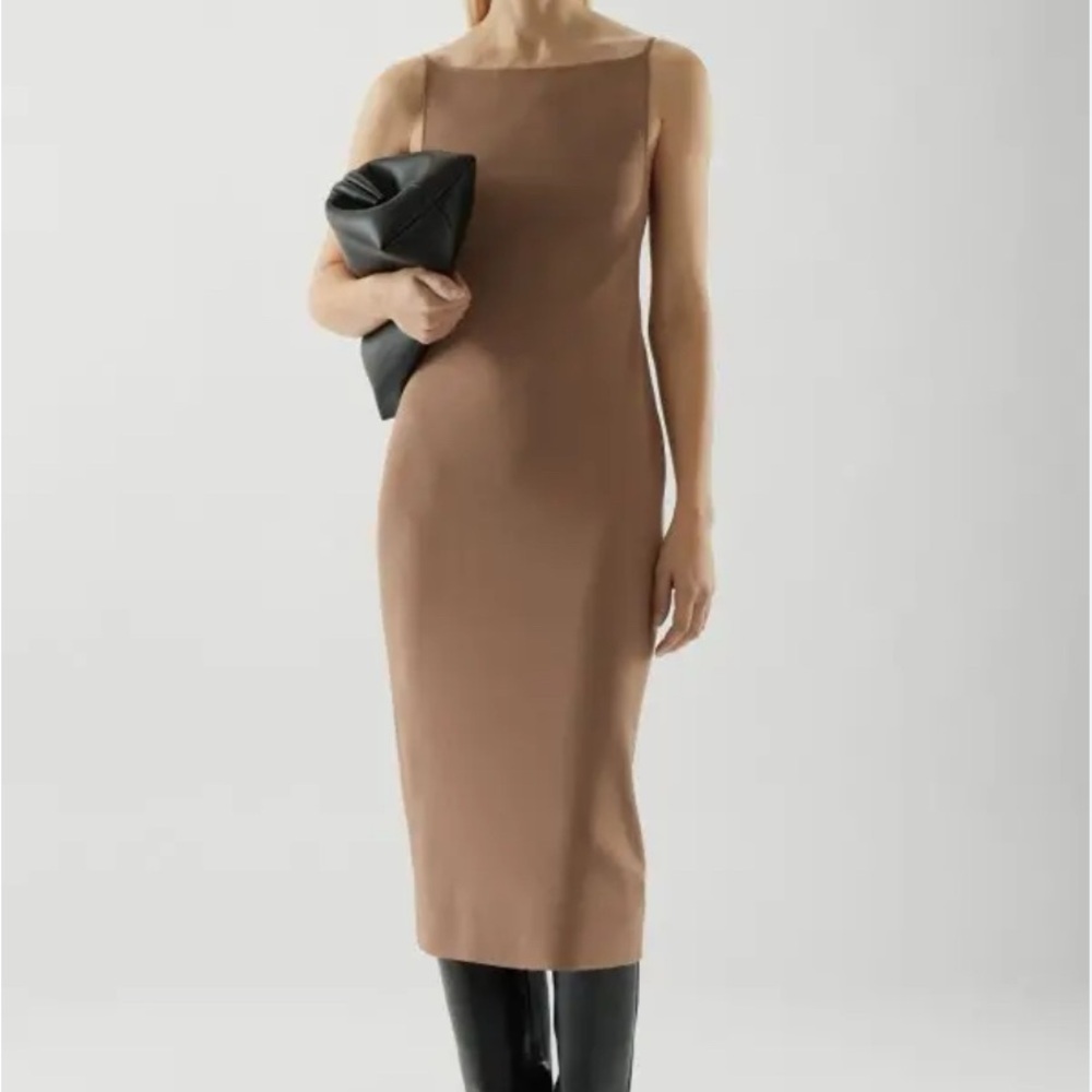 COS Tan Sheath Midi Dress Square Neck Backless